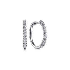 Gabriel & Co. EG14774W45JJ 14 karat white gold Lusso earrings, front view of the pair, one hoop edge on showing the stone row