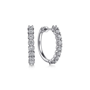 Gabriel & Co. EG14775W45JJ 14 karat white gold Lusso earrings, front view of the pair showing scalloped prong cups on the stone row and the plain polished back