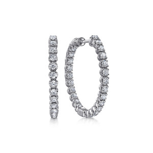 Gabriel & Co. EG14787W45JJ 14 karat white gold Lusso earrings, front view of the pair, one edge on and one open showing the post, hinge and inner stones