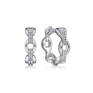 Gabriel & Co. EG14806SVJWS sterling silver Bujukan earrings, front view of two chain link huggies, one turned to show the inner links and a maker's mark