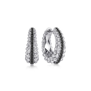 Gabriel & Co. EG14807SVJBS sterling silver Bujukan earrings, front view of the pair showing the black stone row between the bead borders
