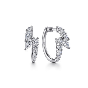 Gabriel & Co. EG14815W84JJ 18 karat white gold Lusso earrings, front view of the pair, marquise diamonds on one side and graduated round diamonds on the other