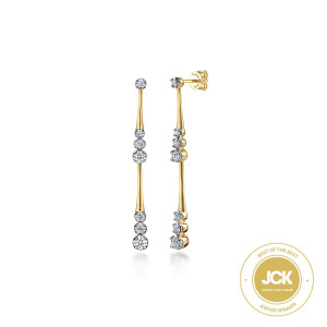 Gabriel & Co. EG14828Y45JJ 14 karat yellow gold Contemporary earrings, front view of the pair, one turned to show the post and push back at the top