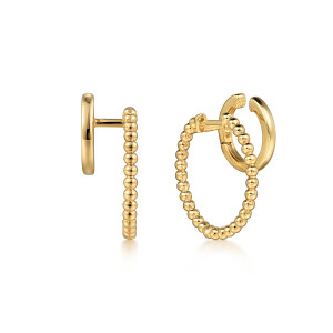 Gabriel & Co. EG14831Y4JJJ 14 karat yellow gold Bujukan earrings, angled view of the pair showing the beaded hoop in front and the smooth band behind it