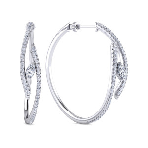 Gabriel & Co. EG14850W84JJ 18 karat white gold Lusso earrings, front view of two oval hoops, one turned to show the curving stone arm and the marquise stone