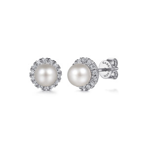Gabriel & Co. EG14862W45PL 14 karat white gold Color earrings, front view of the pair, one stud turned to show the post, push back and maker's mark