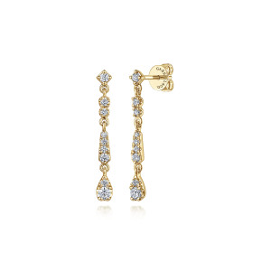 Gabriel & Co. EG14864Y45JJ 14 karat yellow gold Lusso earrings, front view of the pair showing the stud top, the tapering section and the teardrop shaped end