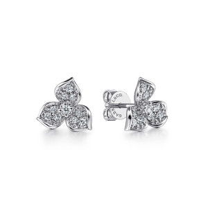 Gabriel & Co. EG14870W45JJ 14 karat white gold Lusso earrings, front view of the pair, one flower facing out and the other turned to show its post
