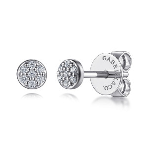 Gabriel & Co. EG14883W45JJ 14 karat white gold Lusso earrings, angled view of the pair, a disc face of tiny diamonds with the post and push back showing