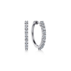Gabriel & Co. EG14893W45JJ 14 karat white gold Lusso earrings, front view of the pair, a single even row of round diamonds along each hoop face