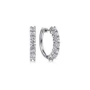 Gabriel & Co. EG14895W45JJ 14 karat white gold Lusso earrings, front view of two matching huggies, one row of round stones facing out and a smooth inner band