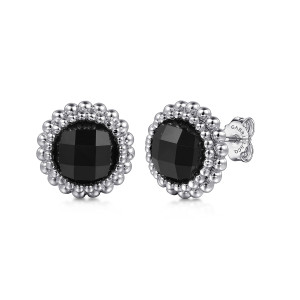 Gabriel & Co. EG14907SVJOX sterling silver Bujukan earrings, front view of two studs, each with a black checkered stone inside a ring of metal beads