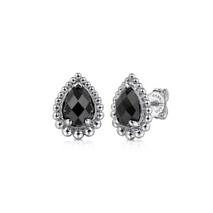 Gabriel & Co. EG14910SVJOX sterling silver Bujukan earrings, front view of the pair, one stud turned to show its post and the checkerboard faceted black stone