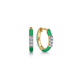 Gabriel & Co. EG14911E4Y45JJ 14 karat yellow gold Lusso earrings, front view of the pair, one edge on, with green enamel flanking the stone station