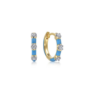 Gabriel & Co. EG14922E5Y45JJ 14 karat yellow gold Lusso earrings, front view of two huggies, one edge on, showing blue enamel panels between stone stations