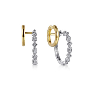 Gabriel & Co. EG14938M45JJ 14 karat white and yellow gold Contemporary earrings, angled view of a plain polished hoop joined by a bar to a hoop of stone frames