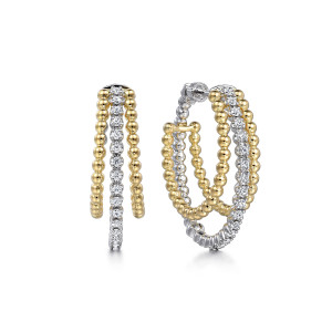 Gabriel & Co. EG14939M45JJ 14 karat white and yellow gold Bujukan earrings, front view of the pair, two beaded rows framing a middle row of round diamonds