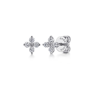 Gabriel & Co. EG14959W45JJ 14 karat white gold Lusso earrings, front view of two cross arranged studs, one turned to show the post and push back