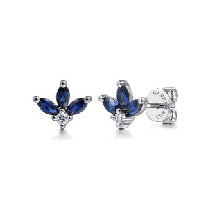Gabriel & Co. EG14963W45SA 14 karat white gold Color earrings, front view of the pair, three blue marquise stones fanning over a round diamond