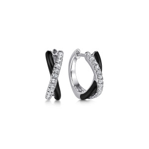 Gabriel & Co. EG14974E8SVJWS sterling silver Contemporary earrings, front view of the pair, with the stone band crossing over the black enamel band