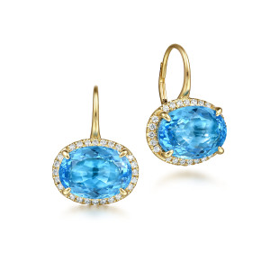 Gabriel & Co. EG14980Y45BT 14 karat yellow gold Color earrings, front view of the pair showing sideways oval blue stones in halos, with a lever wire on each