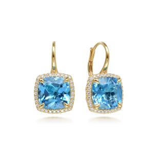 Gabriel & Co. EG14984Y45BT 14 karat yellow gold Color earrings, front view of two drops, a blue cushion stone inside a ring of tiny diamonds