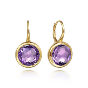 Gabriel & Co. EG14985Y4JAM 14 karat yellow gold Color earrings, front view of two drops, each with a round purple faceted stone in a smooth bezel