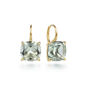 Gabriel & Co. EG14986Y4JGA 14 karat yellow gold Color earrings, front view of the pair, one cushion cut pale green stone in four prongs on each curved loop
