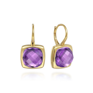Gabriel & Co. EG14987Y4JAM 14 karat yellow gold Color earrings, front view of one stone face on, the other turned to show the lever back