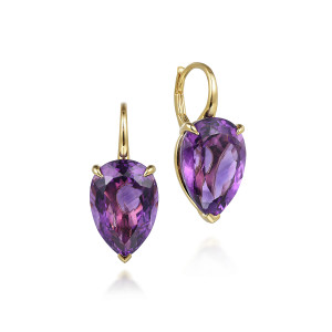 Gabriel & Co. EG14989Y4JAM 14 karat yellow gold Color earrings, front view of the pair with pear shaped purple stones, one turned to show the curved lever arm