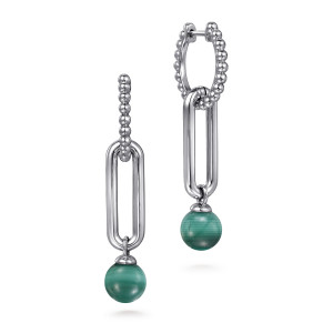 Gabriel & Co. EG14994SVJMA sterling silver Bujukan earrings, front view of the pair, a beaded hoop and smooth oval link ending in a round green bead