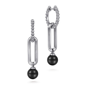 Gabriel & Co. EG14994SVJOX sterling silver Bujukan earrings, front view of the pair, one beaded hoop turned open and one seen edge on