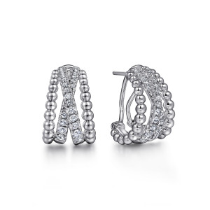 Gabriel & Co. EG14999SVJWS sterling silver Bujukan earrings, front view of the pair, one face on showing the stone X, one turned to show the post