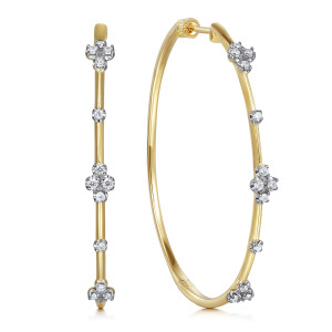 Gabriel & Co. EG15005Y45JJ 14 karat yellow gold Contemporary earrings, front view of two smooth hoops, clusters and single diamonds spaced along one face