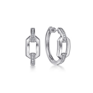Gabriel & Co. EG15006SVJWS sterling silver Contemporary earrings, front view of two matching huggies, an angular open link between two rows of small stones