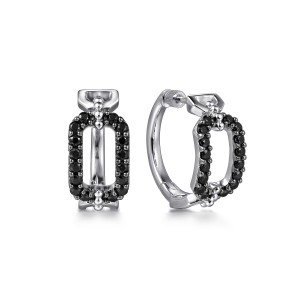 Gabriel & Co. EG15007SVJBS sterling silver Bujukan earrings, front view of the pair showing the black stone frame, bead clusters and the polished hoop band