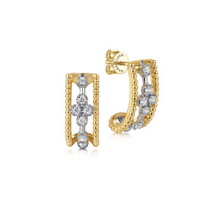 Gabriel & Co. EG15039M45JJ 14 karat white and yellow gold Bujukan earrings, front view of the pair, beaded rails around a column of diamonds with a four stone group