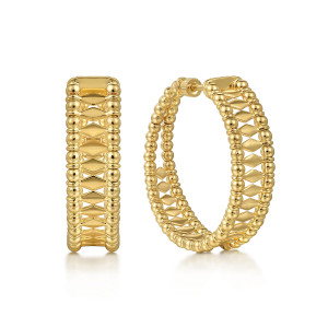 Gabriel & Co. EG15057Y4JJJ 14 karat yellow gold Bujukan earrings, front view of the pair, one hoop edge on showing the lozenge plates between two bead rails