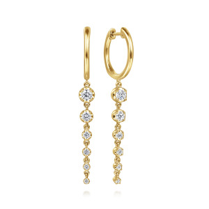 Gabriel & Co. EG15066Y45JJ 14 karat yellow gold Lusso earrings, front view of the pair, hinged huggies each with a graduated line of round stones