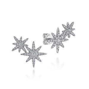 Gabriel & Co. EG15073W45JJ 14 karat white gold Kaslique earrings, front view of the pair, each earring a large and small pave starburst, one showing its post