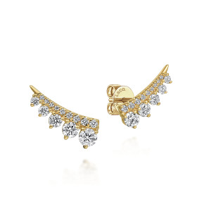 Gabriel & Co. EG15079Y45JJ 14 karat yellow gold Kaslique earrings, front view of the pair, graduated prong set stones along the curve and a pointed tip