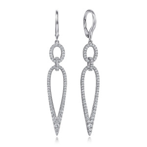 Gabriel & Co. EG15082W45JJ 14 karat white gold Kaslique earrings, front view of the pair, pave oval and elongated teardrop on lever back wires