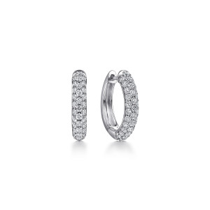 Gabriel & Co. EG15085W45JJ 14 karat white gold Lusso earrings, front view of the pair, pave diamonds covering the whole domed outer face of each huggie
