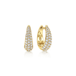 Gabriel & Co. EG15086Y45JJ 14 karat yellow gold Lusso earrings, front view of a pair, one showing the pave face and one turned to show the inner side