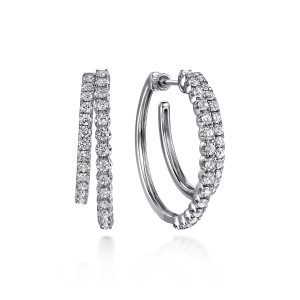 Gabriel & Co. EG15088W45JJ 14 karat white gold Lusso earrings, front view of the pair, one hoop edge on showing two stone rows and one face on