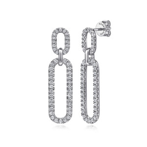Gabriel & Co. EG15094W45JJ 14 karat white gold Lusso earrings, front view of the pair, one turned to show the post at the top of the short link