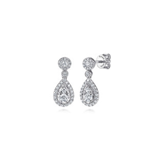 Gabriel & Co. EG15101W45JJ 14 karat white gold Lusso earrings, front view of the pair, a ringed round top linked to a pear shaped dangle of diamonds