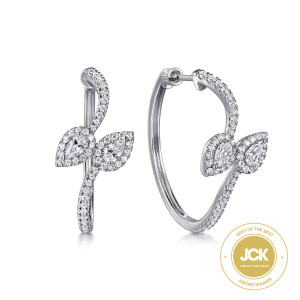 Gabriel & Co. EG15112W84JJ 18 karat white gold Lusso earrings, front view of the pair showing both halo clusters and the stone lined curving arms