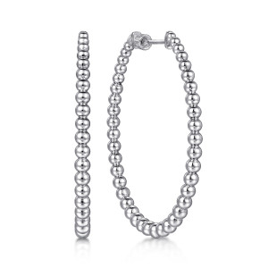 Gabriel & Co. EG15120SVJJJ sterling silver Bujukan earrings, front view of the pair, one hoop edge on, one open with a ridged collar