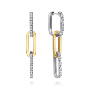 Gabriel & Co. EG15121M45JJ 14 karat white and yellow gold Contemporary earrings, front view of the pair, one straight on and one angled to show the hinged top link